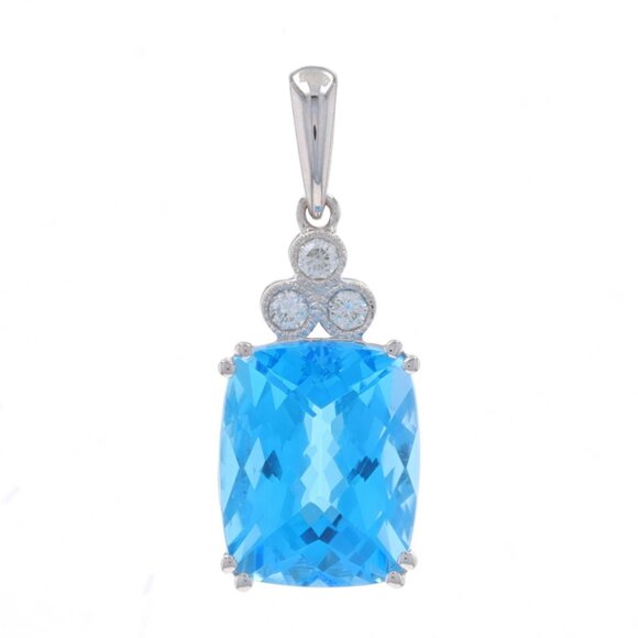 White Gold Blue Topaz Diamond Pendant 14k Cushion Checkerboard 3.98ctw Milgrain
